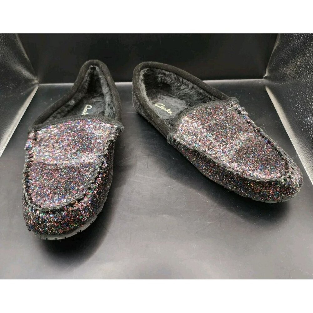 Clarks Womens Glitter Acrylic Faux Fur Slip On Slippers Size 8
